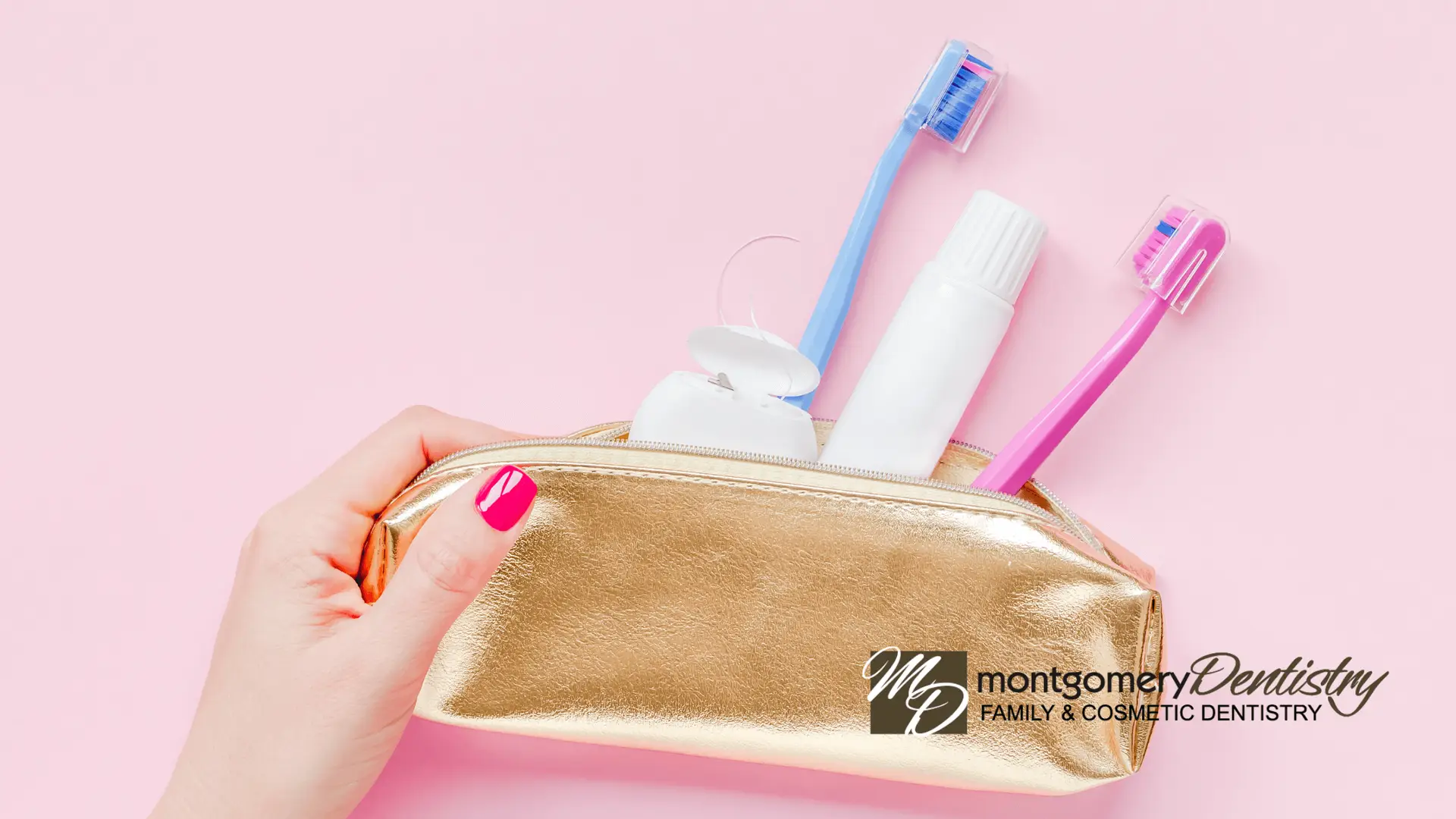 a go bag with toothbrush, toothpaste, and floss on a pick background to show oral health tips for busy families